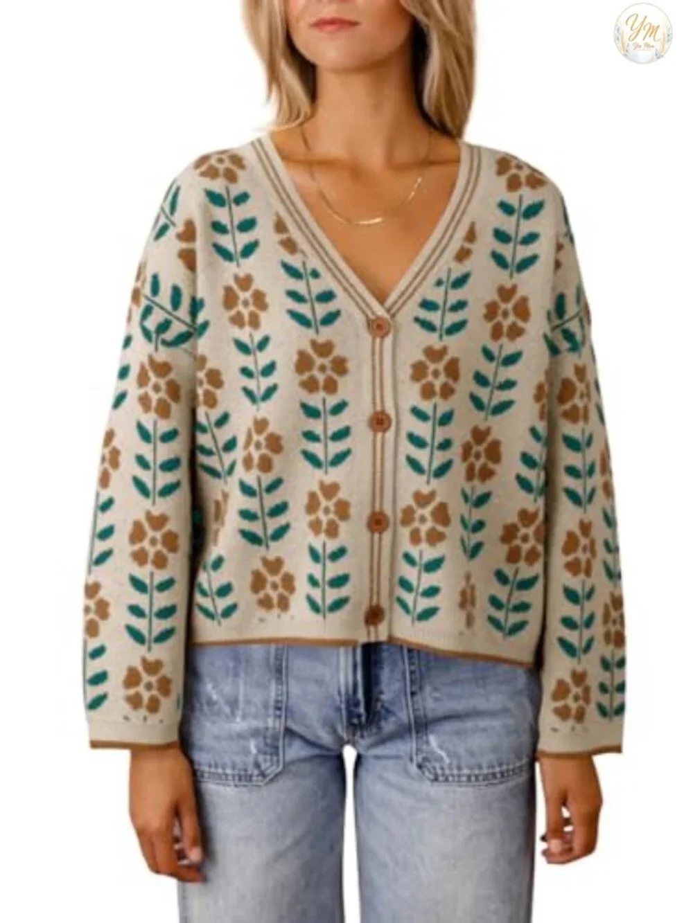 Floral Print V-Neck Cardigan Open Front Knit Sweater Long Sleeve Loose